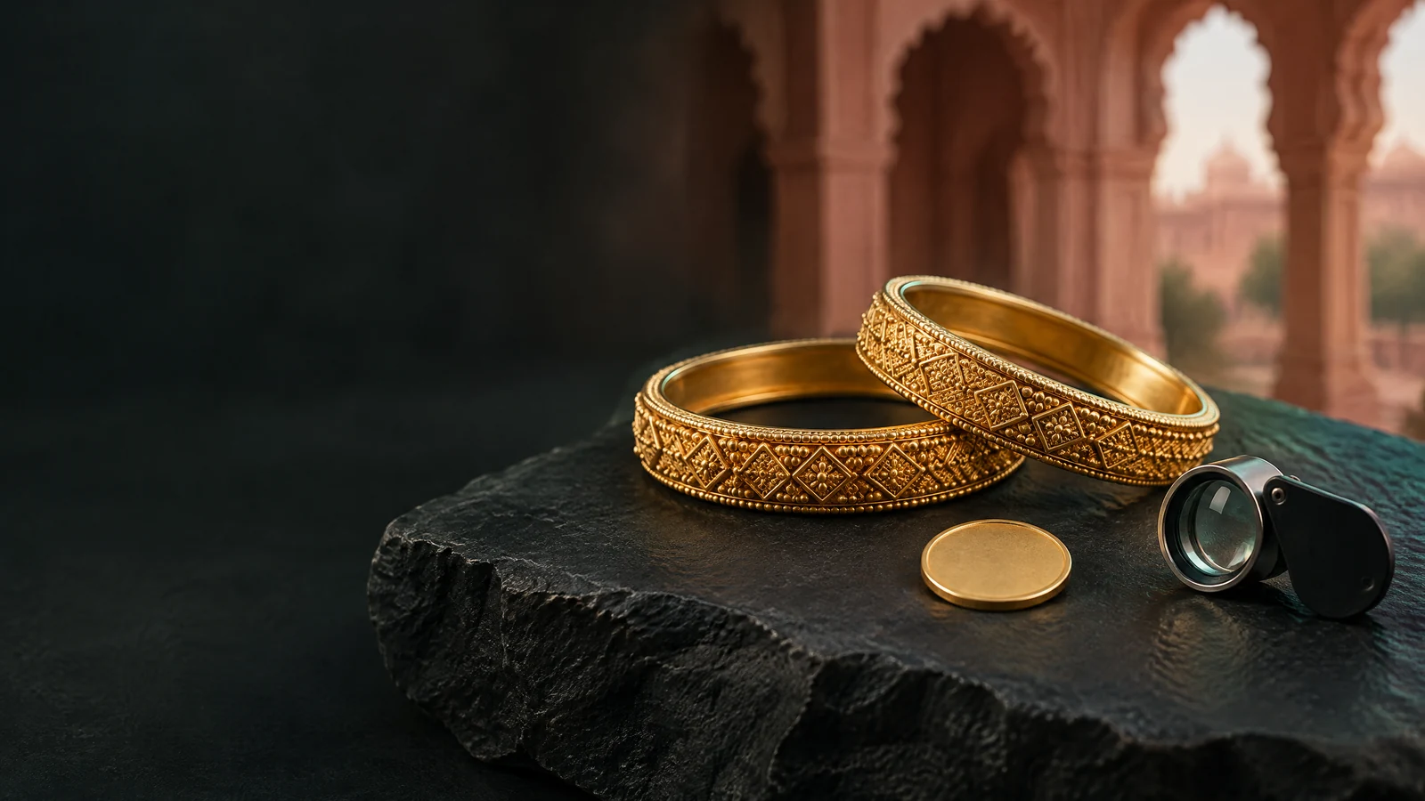 Conceptual illustration of gold jewellery for a Jaipur gold-rate guide, not a real shop