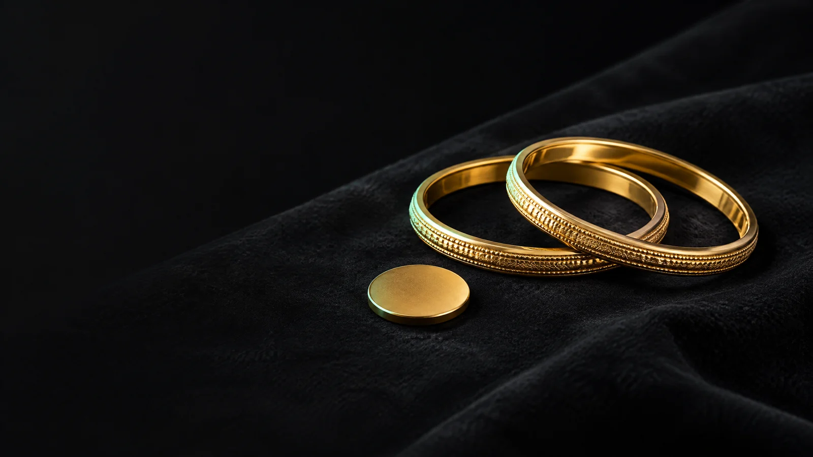 Conceptual gold bangles and an unmarked coin on a dark background