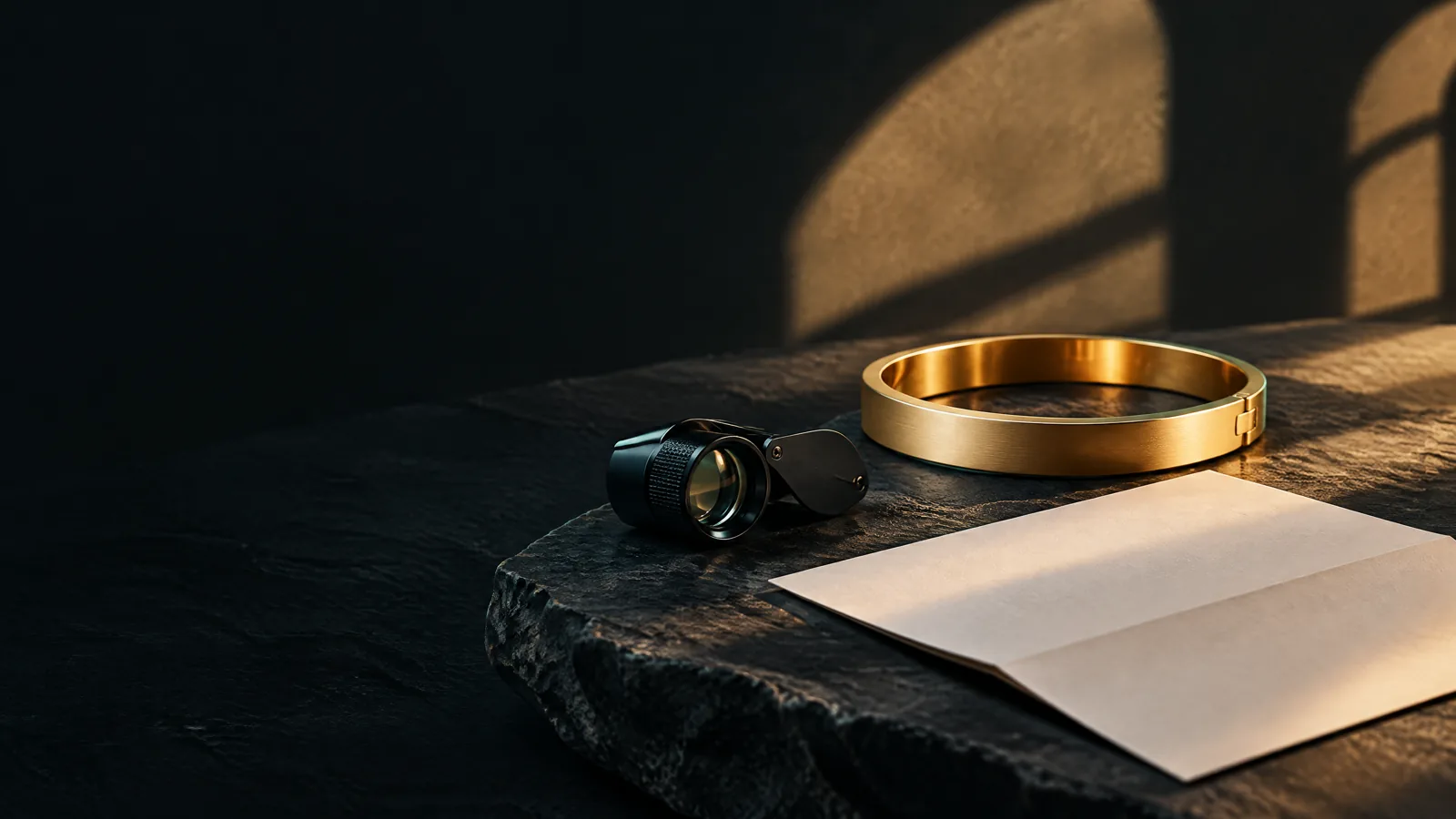 Conceptual gold bracelet, blank purchase receipt and jeweller loupe; not an actual Ajmer shop or certificate