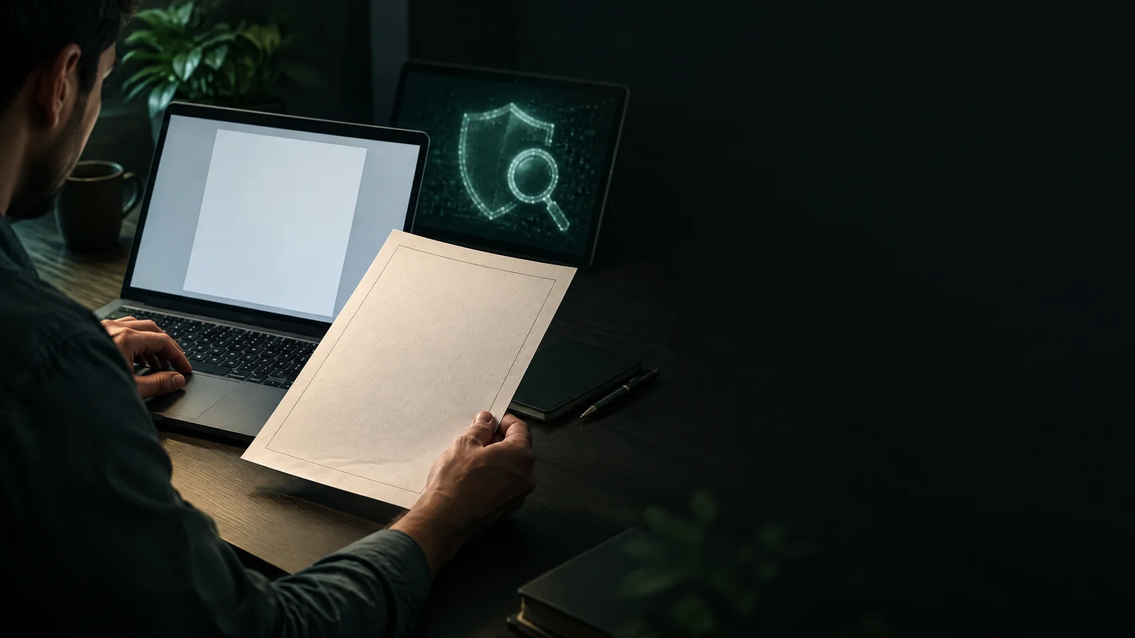 Original illustration of an individual checking a blank paper record beside a laptop and abstract verification symbol.