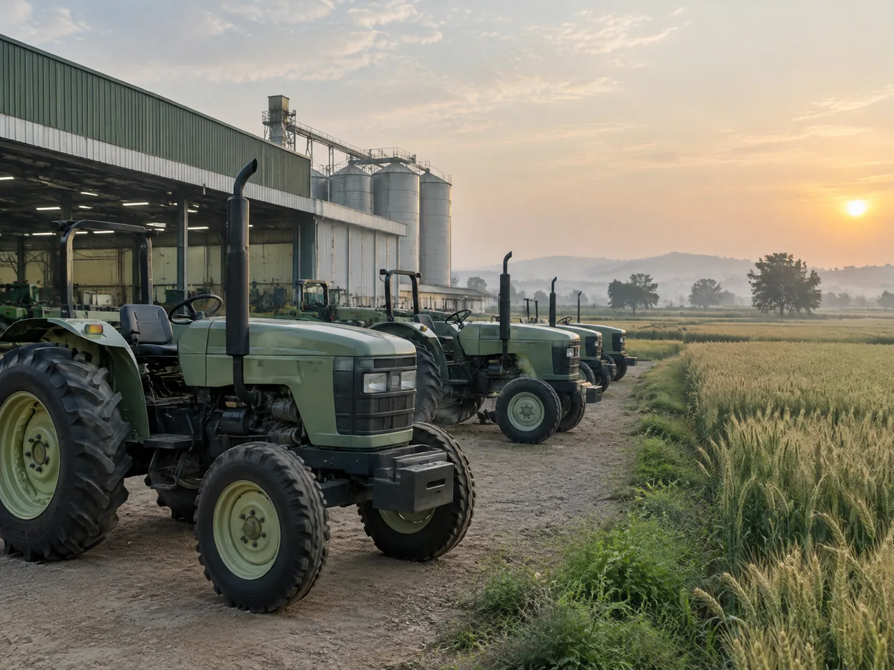 Conceptual, unbranded automotive and farm equipment editorial illustration; no live prices or company premises.