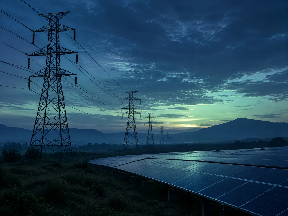 Conceptual, unbranded electric utilities and renewable generation editorial illustration; no live prices or company premises.