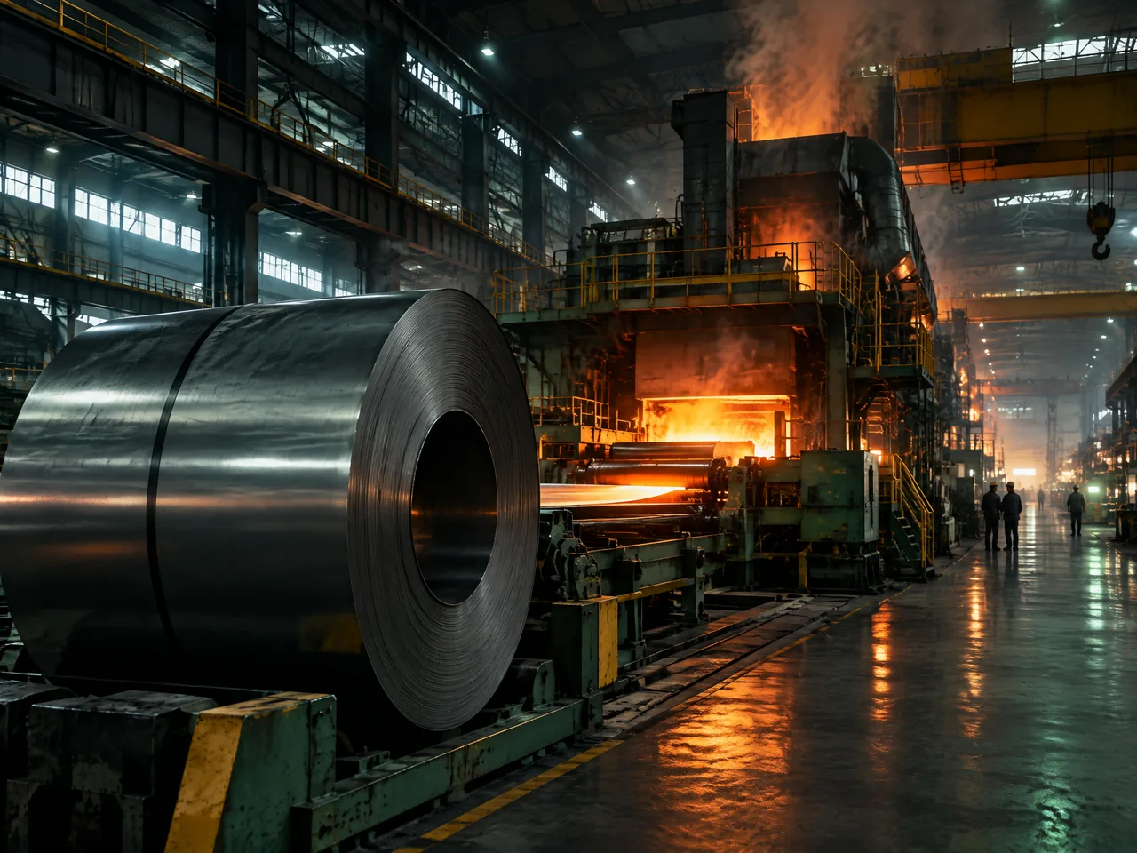 Conceptual, unbranded steel and metals editorial illustration; no live prices or company premises.