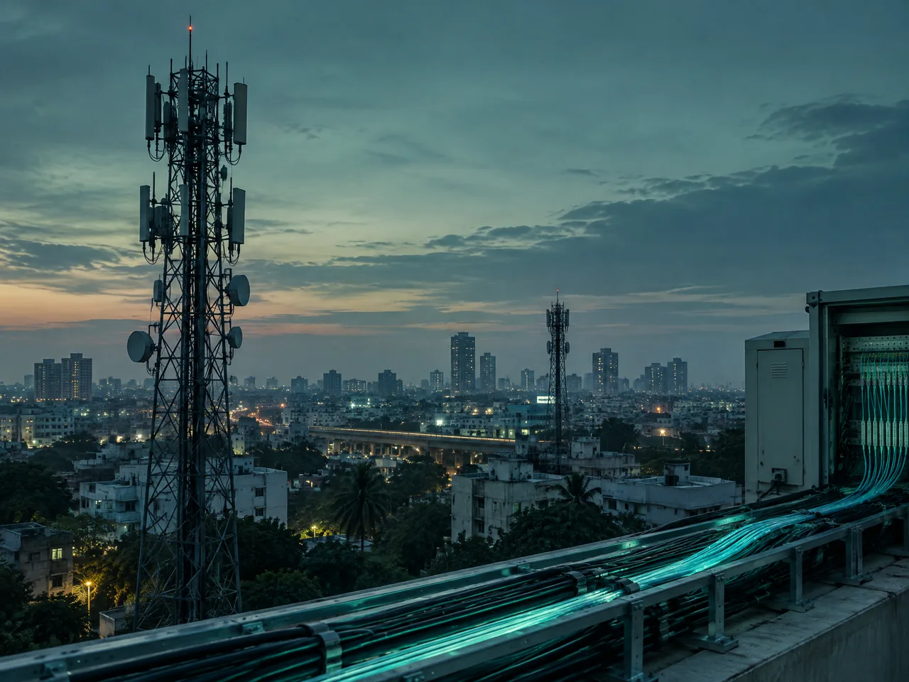 Conceptual, unbranded telecommunications editorial illustration; no live prices or company premises.