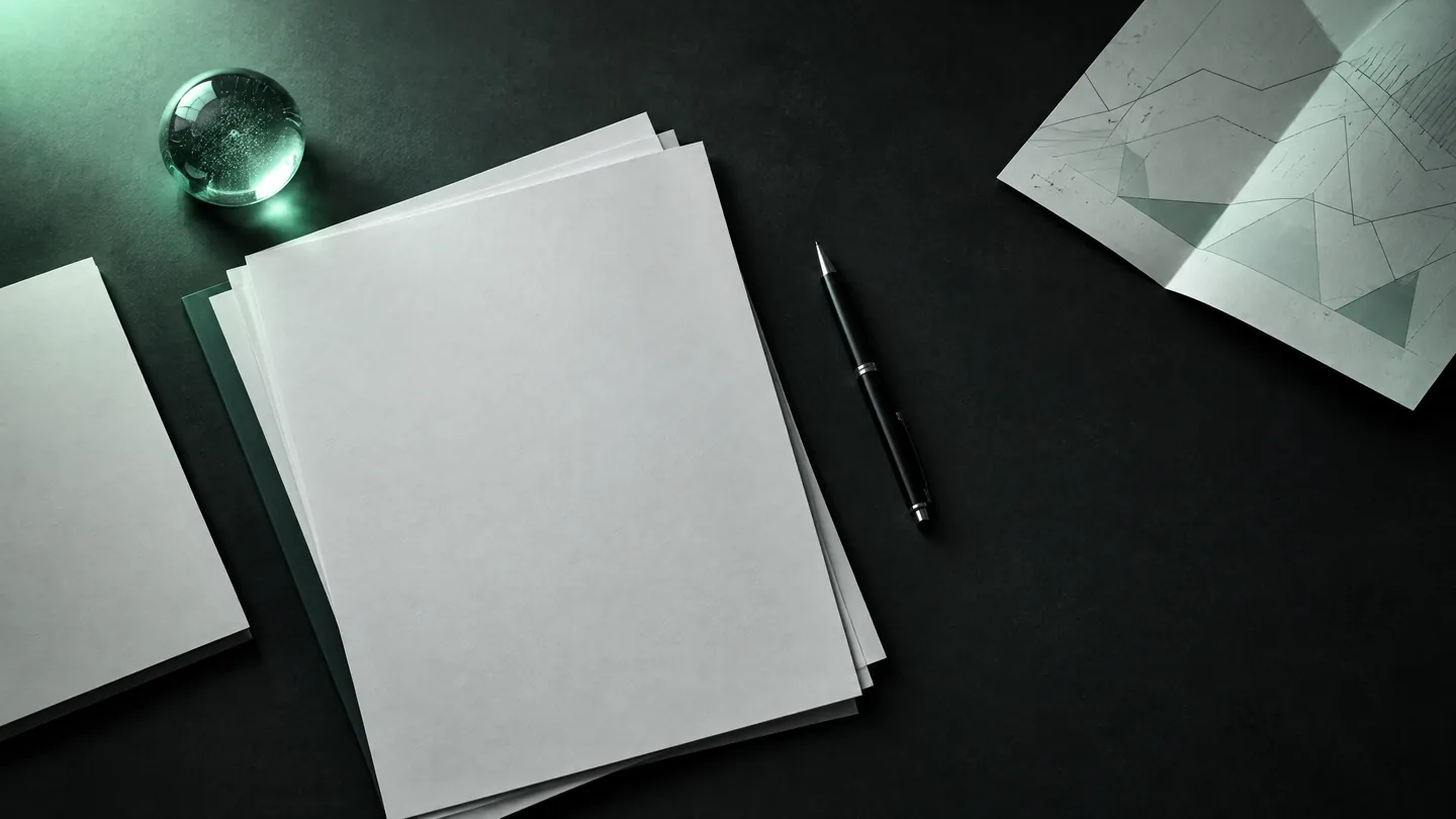 Illustrative research desk with blank disclosure pages and abstract unlabeled charts.