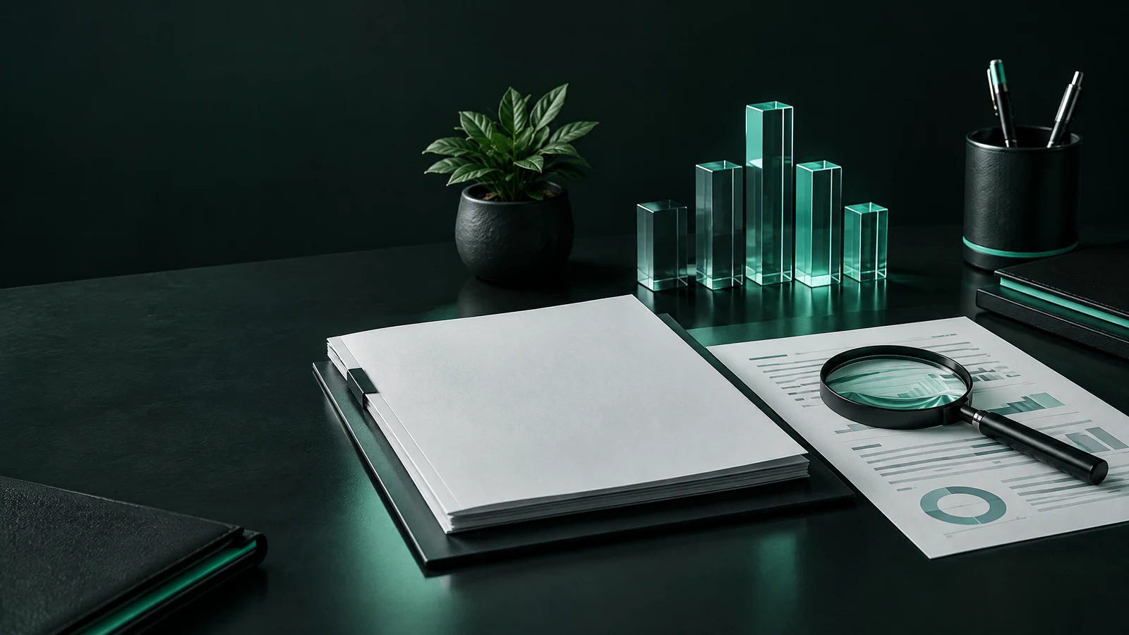 Conceptual upcoming IPO research desk with prospectus pages and mint financial-analysis elements.