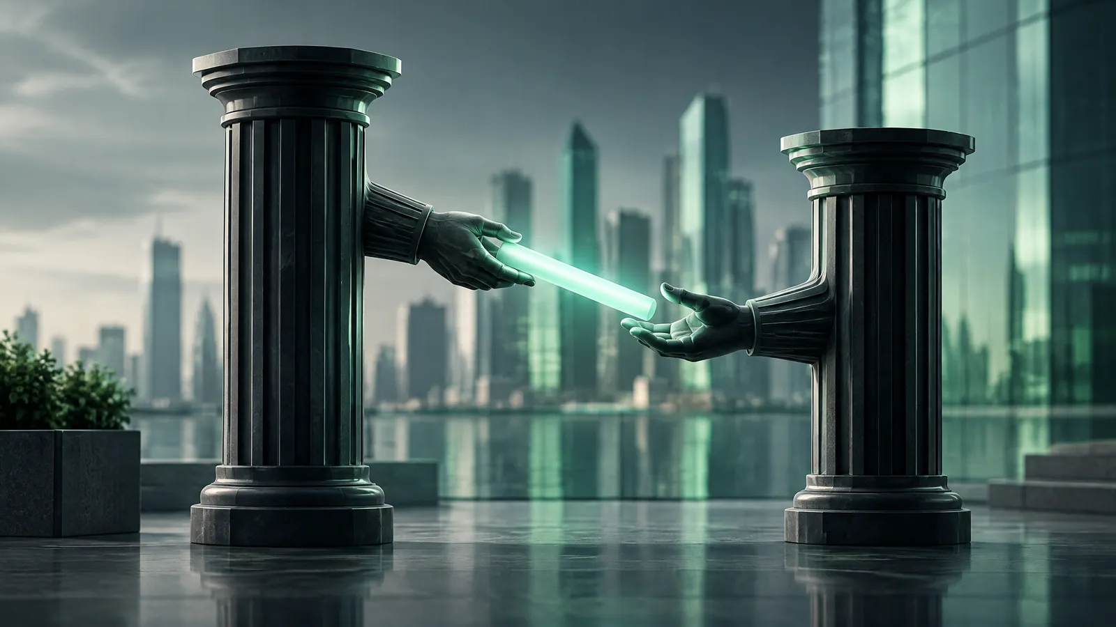 Two dark architectural columns exchange a glowing mint baton against an abstract skyline, symbolizing a future leadership transition