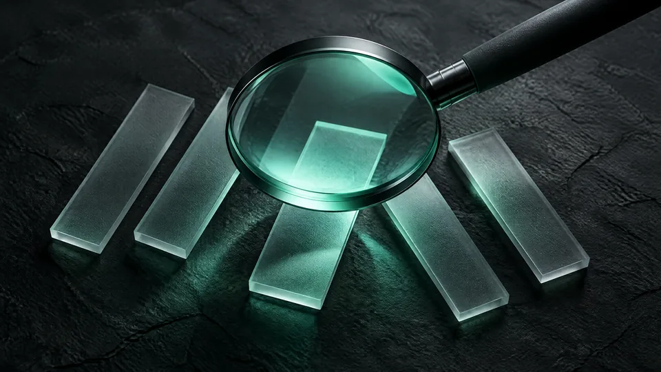 A magnifying lens over blank glass strips symbolizes examining a technical study