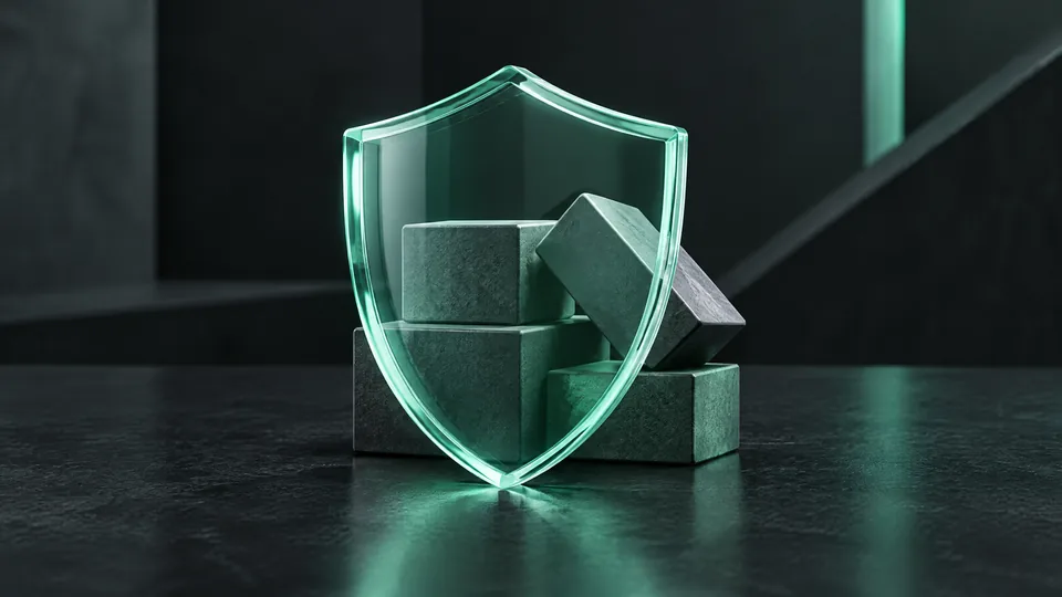 A mint glass shield beside an uneven stack of blocks represents considering risk before acting