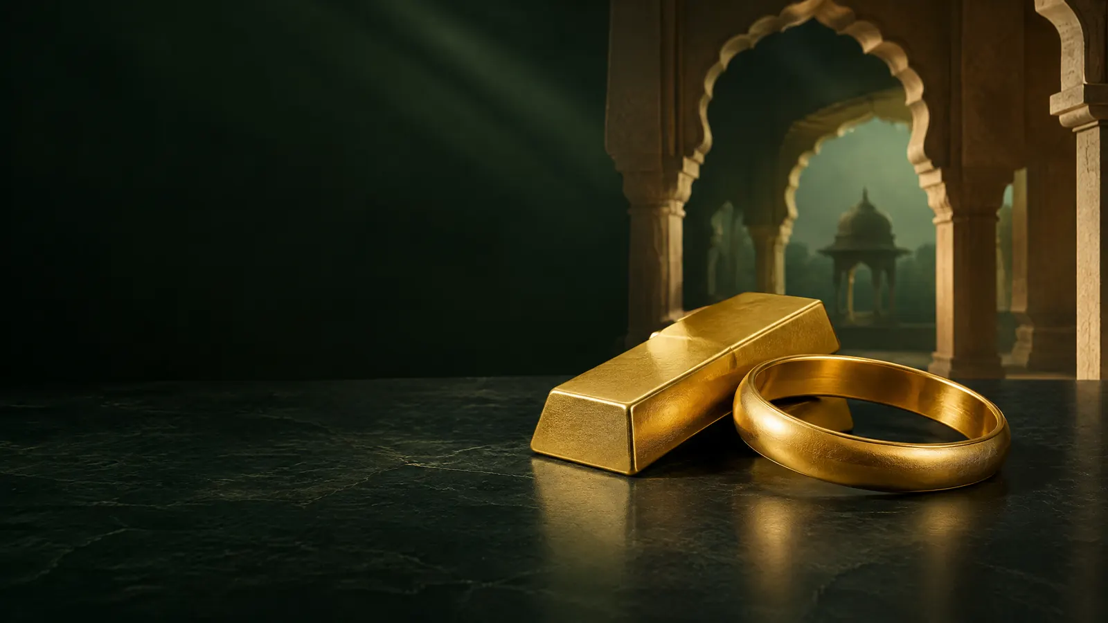 Gold bars and a bangle beside conceptual Rajasthan-inspired sandstone arches.
