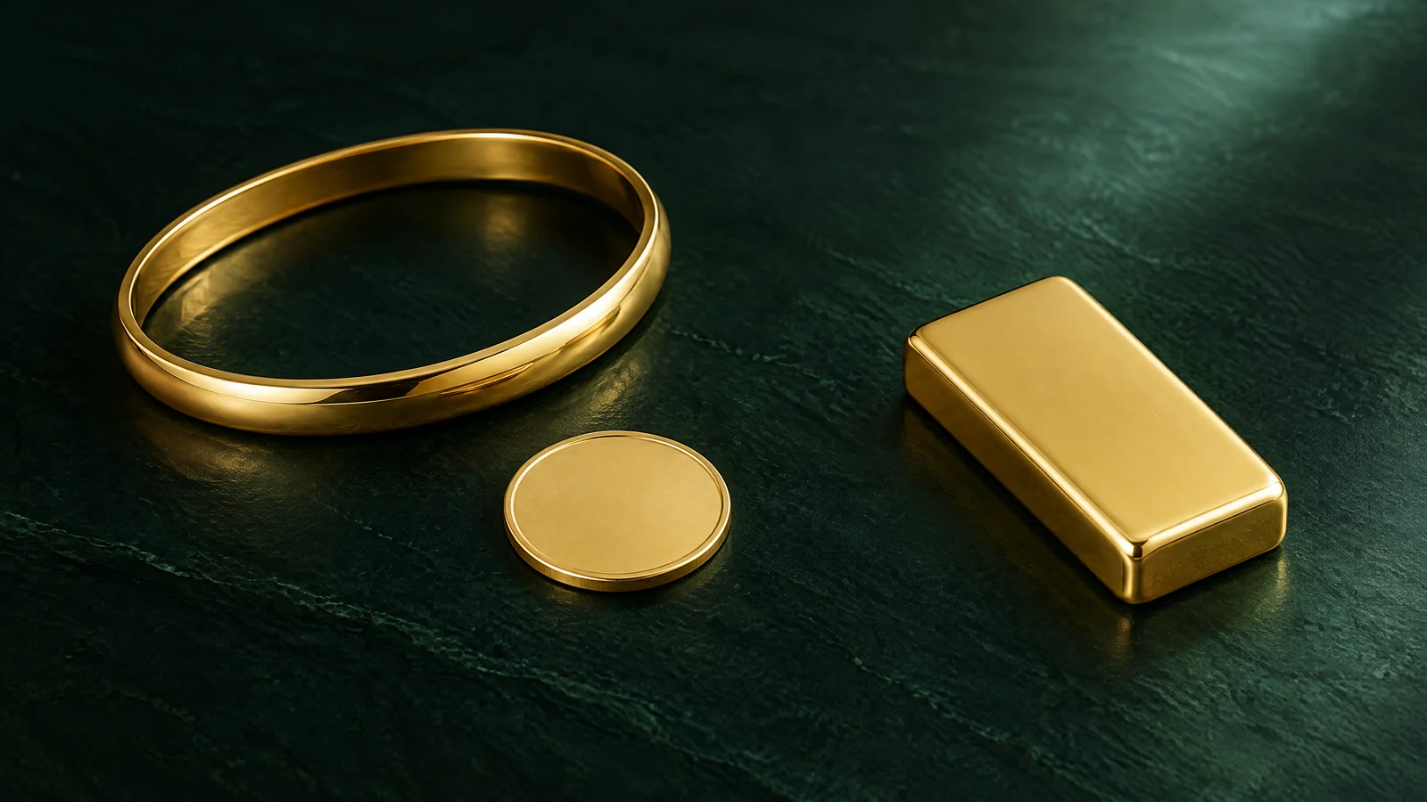 Conceptual illustration of a yellow-gold bangle and coin beside a plain gold bar on a dark green surface.