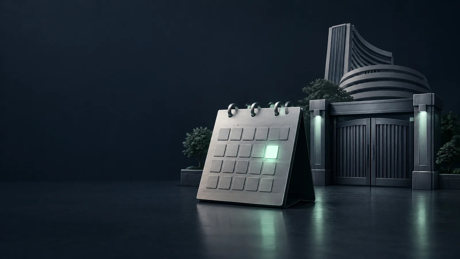 Original conceptual illustration of a blank calendar and closed trading gateway, not an official exchange building or notice.