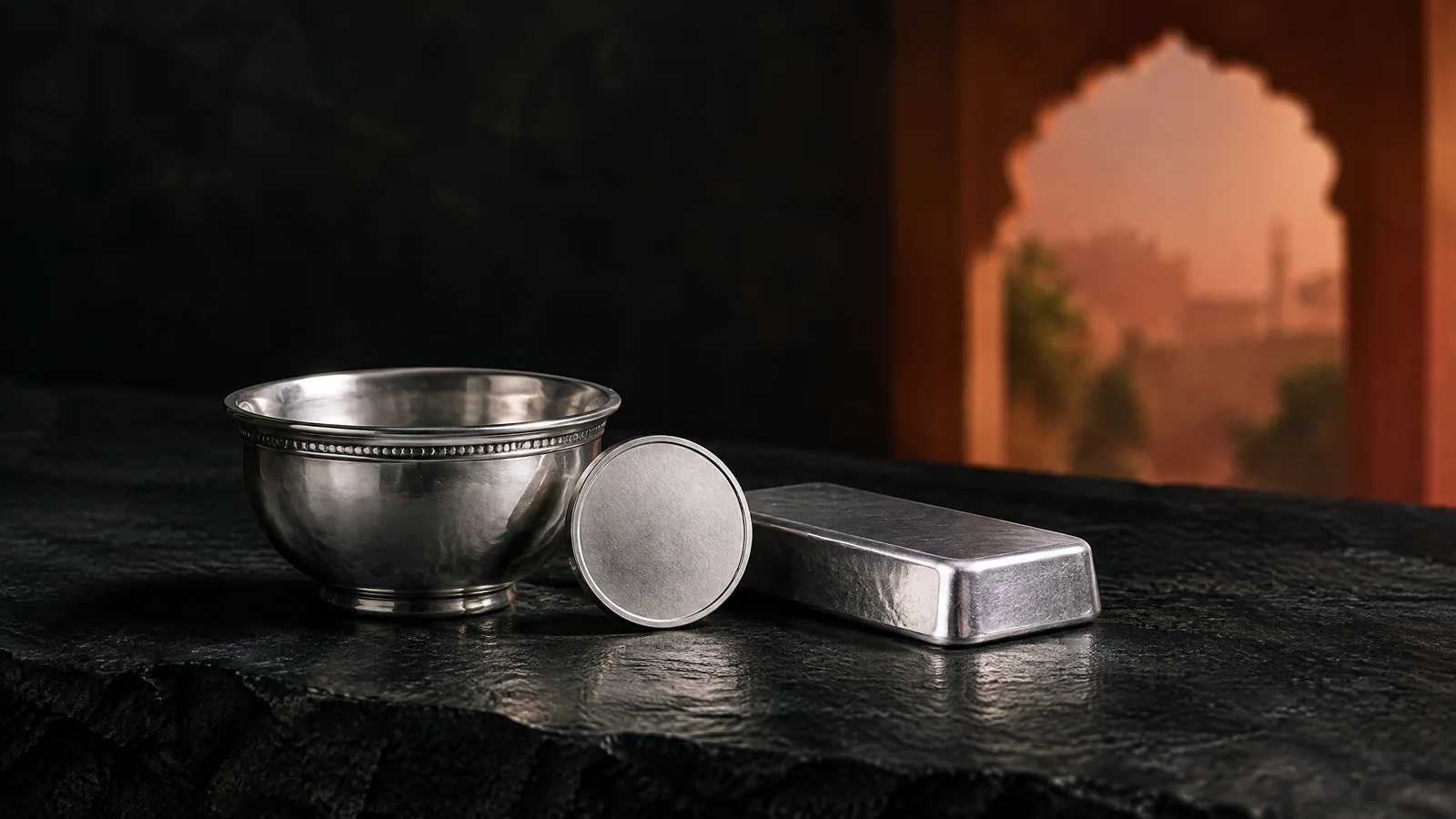 Conceptual illustration of a silver bowl, blank coin and plain bar with an abstract terracotta arch