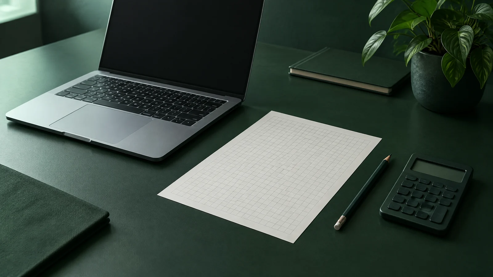 Original conceptual illustration of a blank laptop, paper grid and calculator for learning spreadsheet calculations.