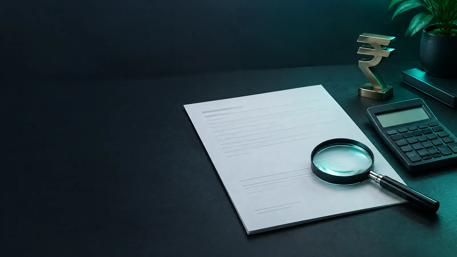 Conceptual contract-note sheet, magnifying glass and calculator on a dark desk