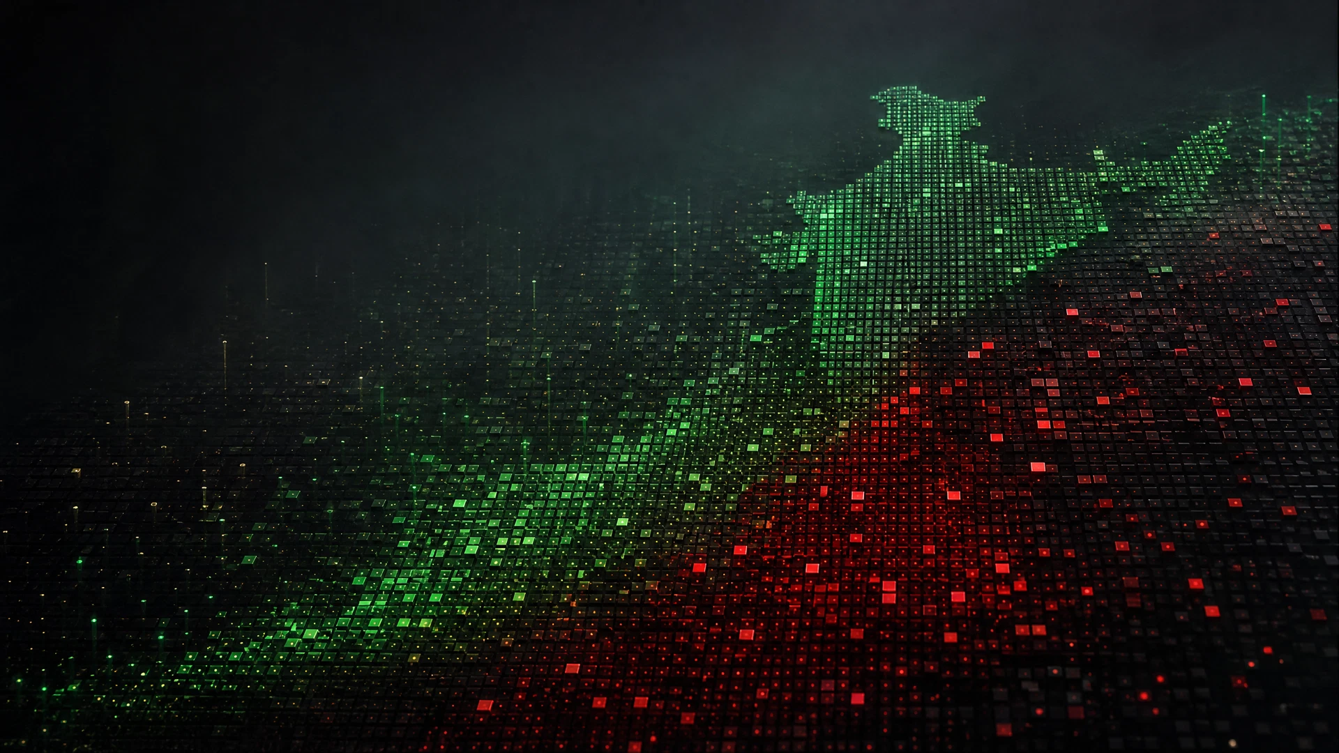 Field of advancing and declining market tiles forming a broader index pattern.