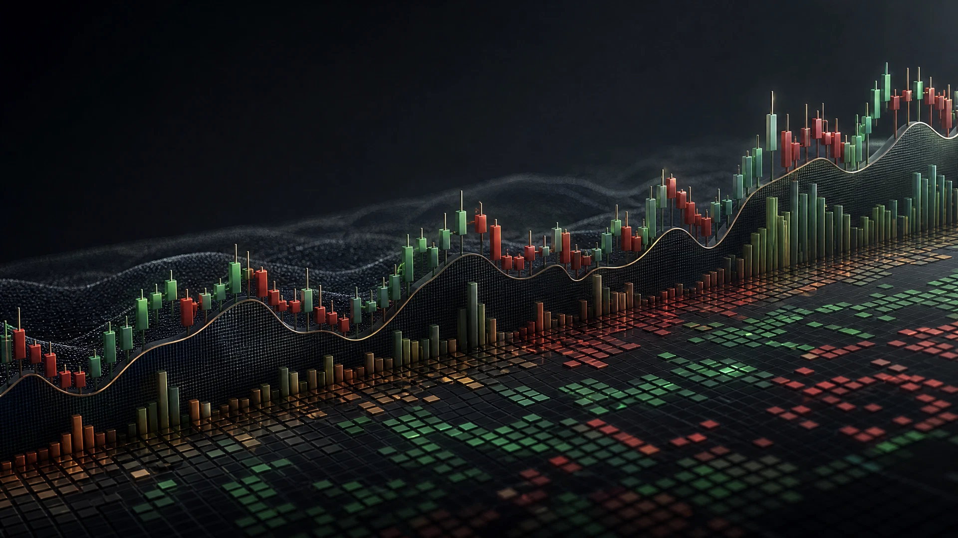 Abstract balanced market-data landscape with illustrative price history, breadth tiles, and volume forms.