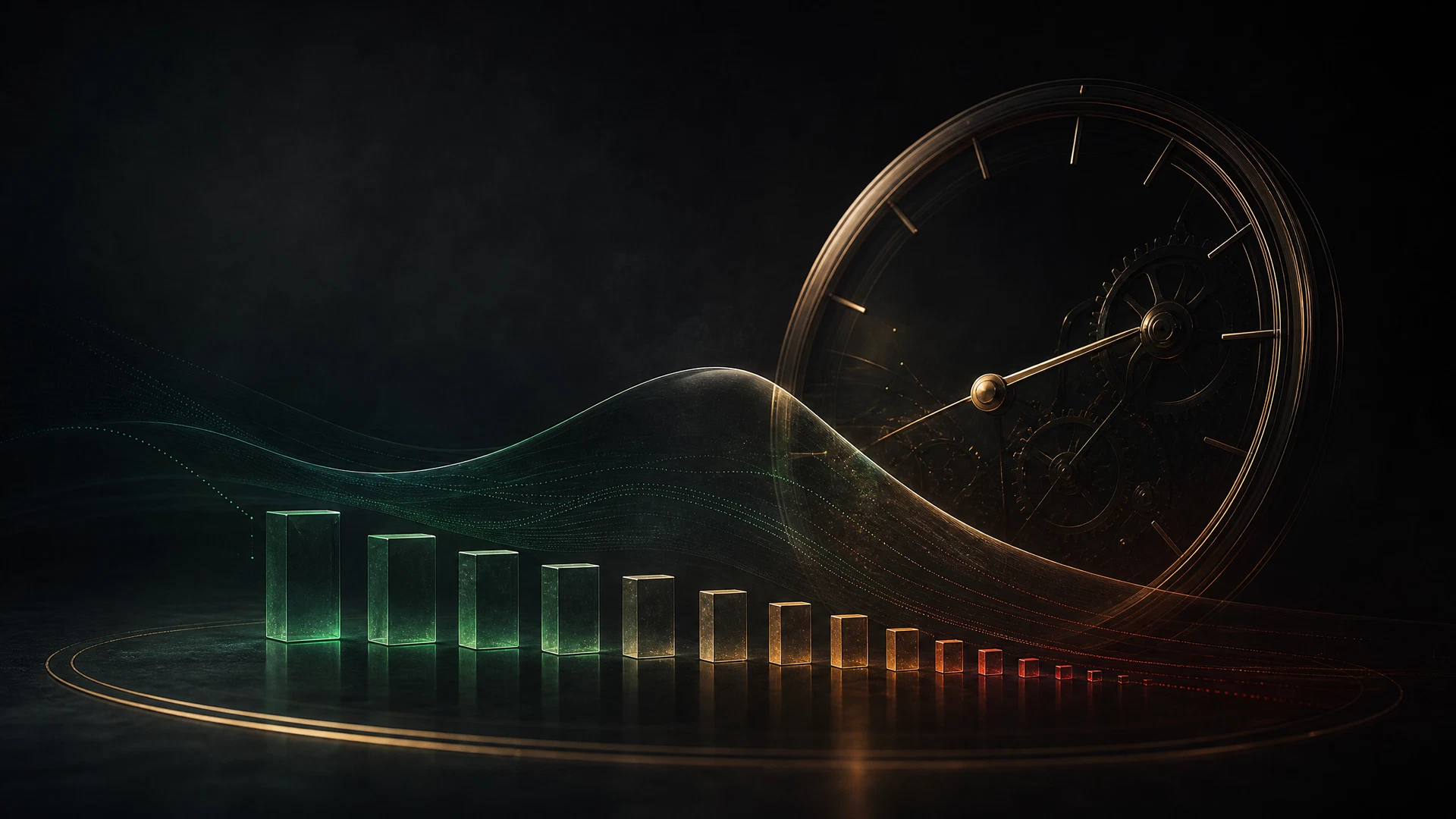 Mechanical clock intersecting a premium curve and diminishing value blocks near expiry.