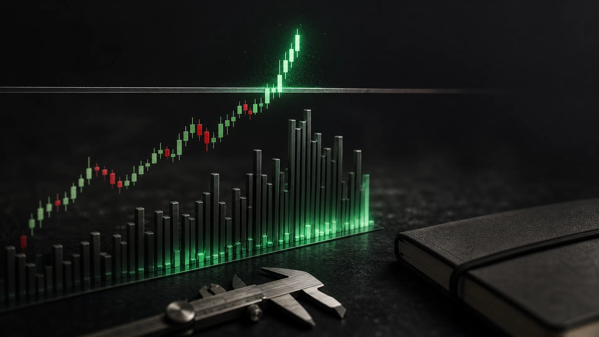 Price structure crossing a resistance plane above a sequence of rising volume columns.
