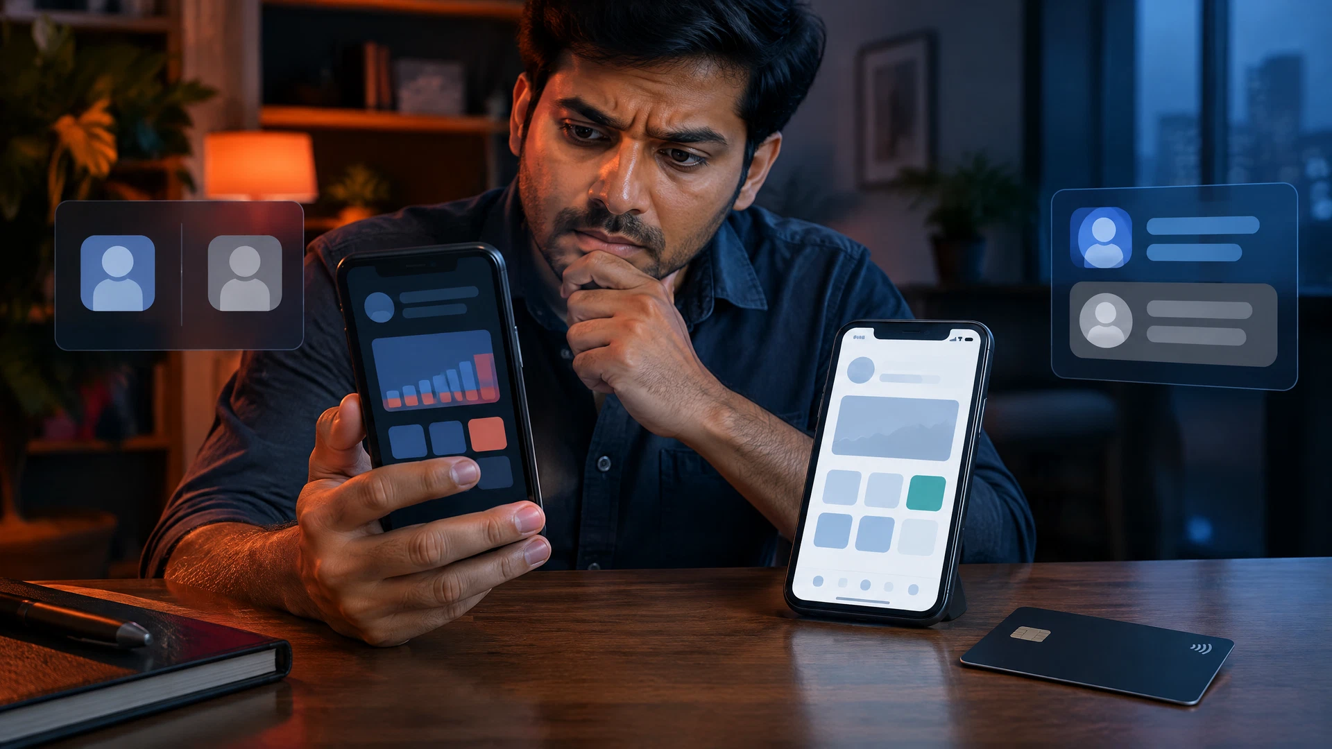 Indian investor comparing two abstract trading-app identities before proceeding with a suspicious payment.