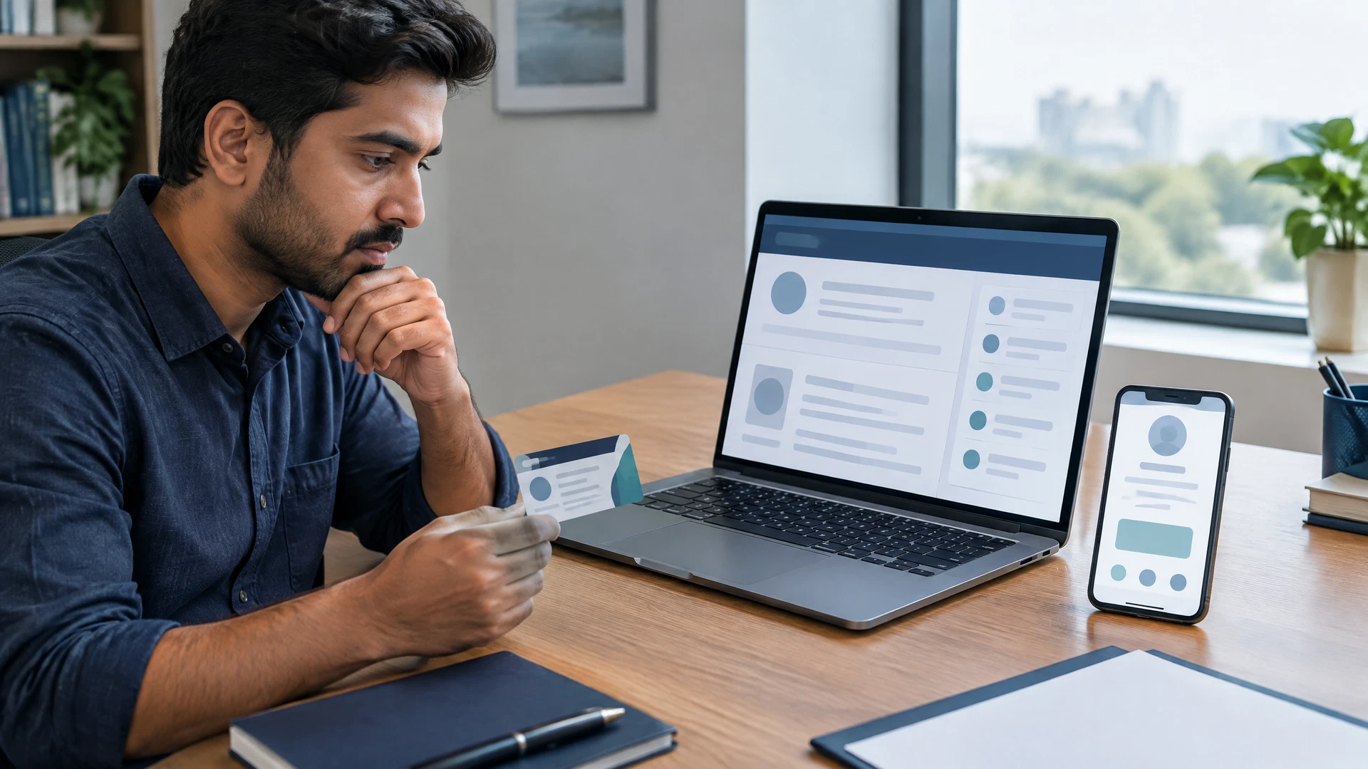 Indian investor comparing abstract broker registry, exchange membership and app identity records at a desk.