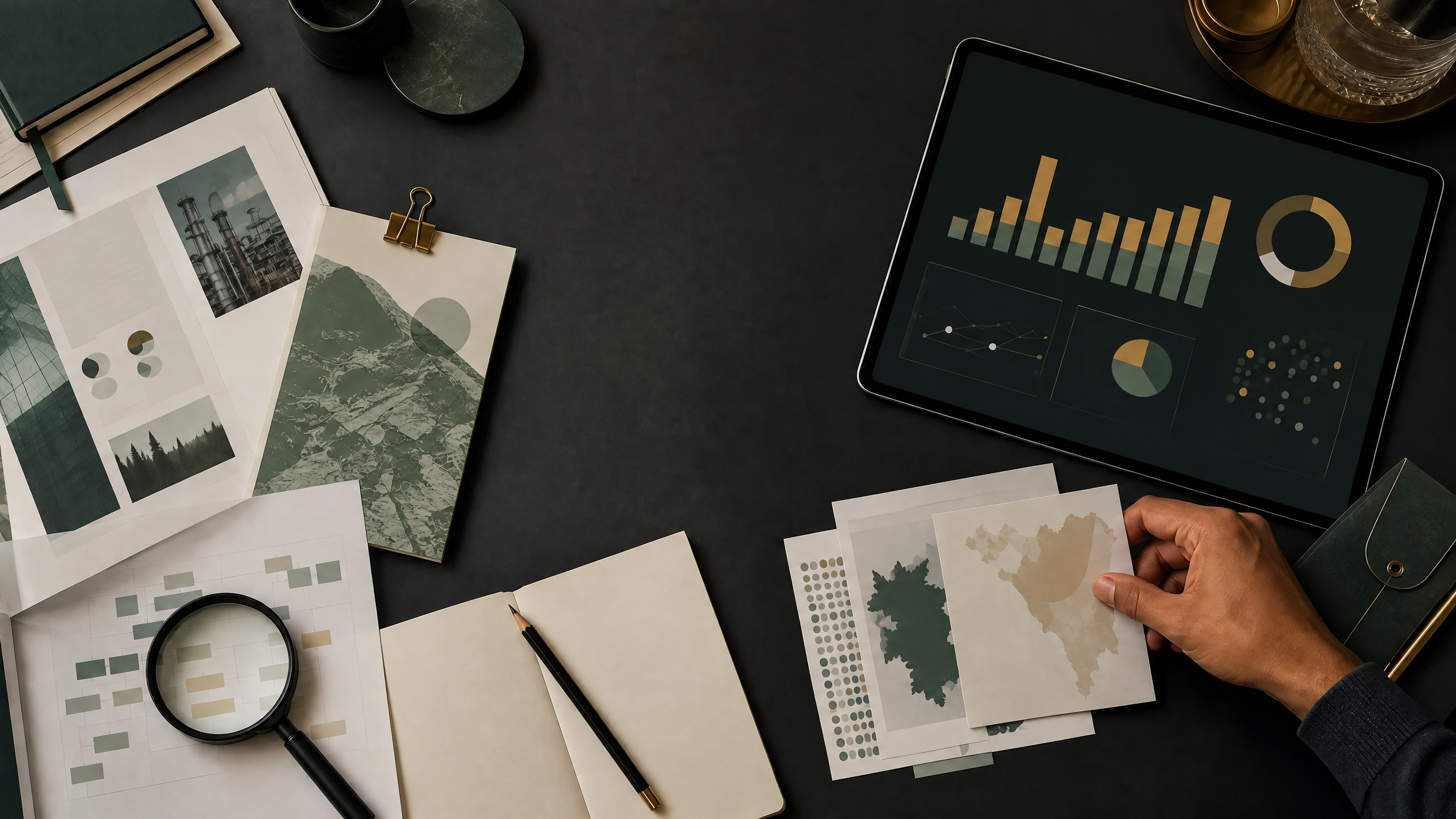 Financial research desk with filing documents, sector maps, and an illustrative market chart.