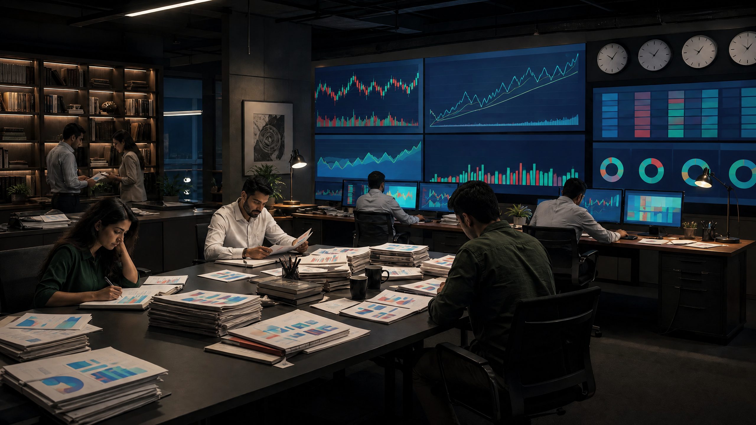 Indian financial newsroom with analysts writing market blogs beside filing documents and illustrative stock-market panels.