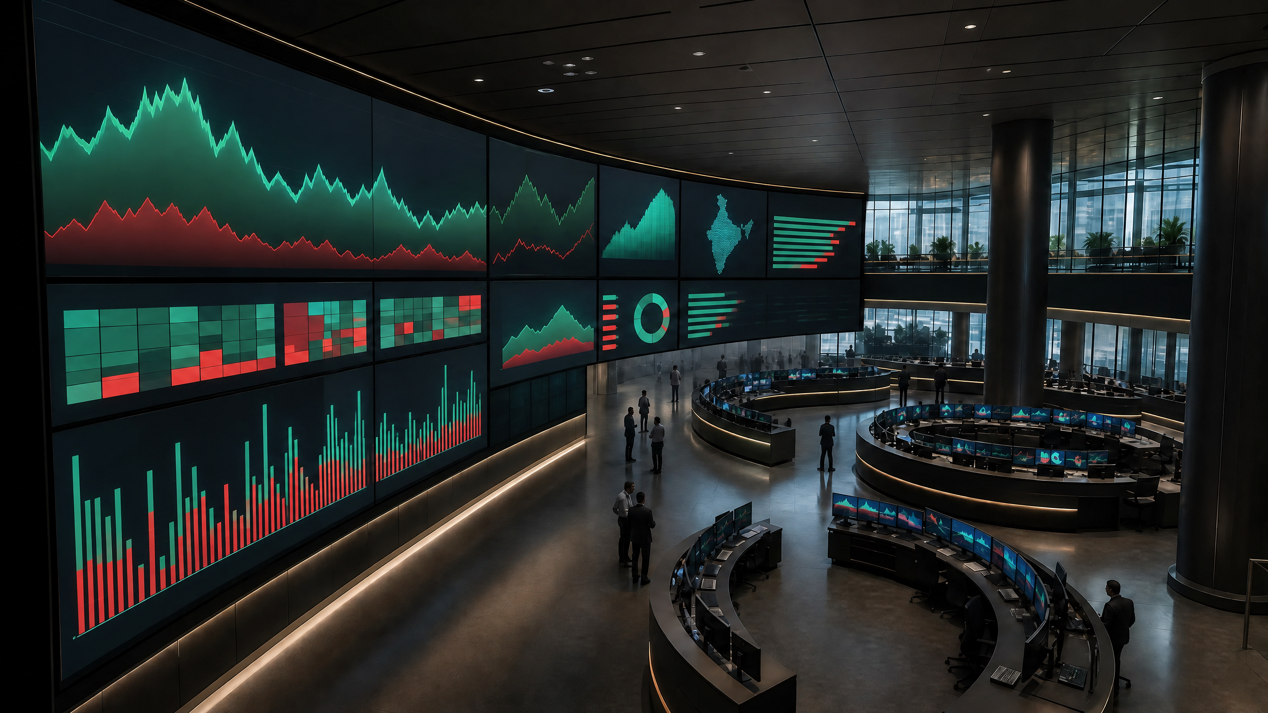 Illustrative Indian exchange operations floor with broad unlabeled market panels and professional analysts.