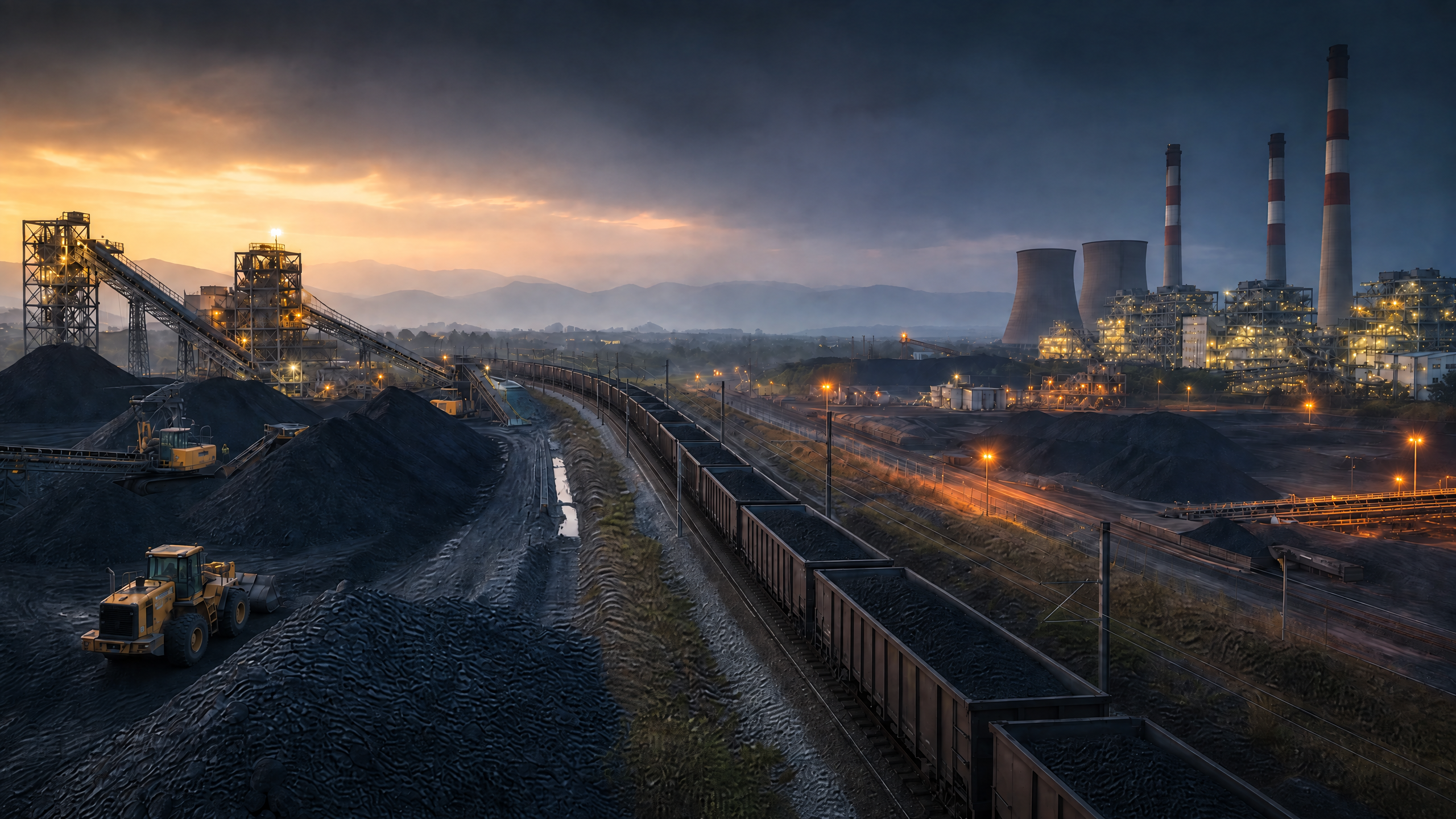 Unmarked coal-handling equipment, freight rakes, and a thermal power-plant stockyard shown as separate supply-chain stages.