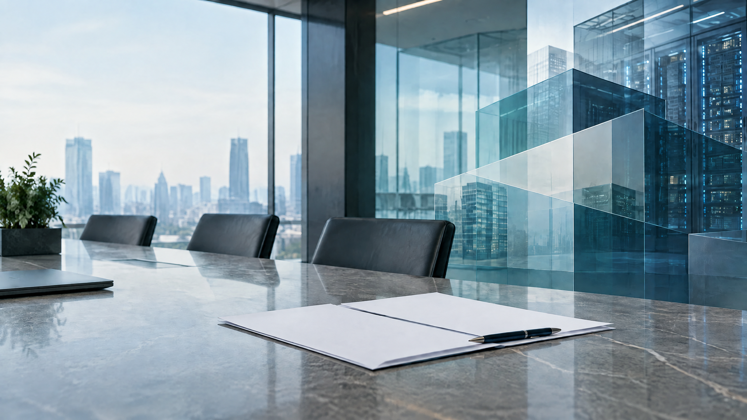 Blank transaction documents in a daylight boardroom merging visually with neutral fintech data infrastructure.