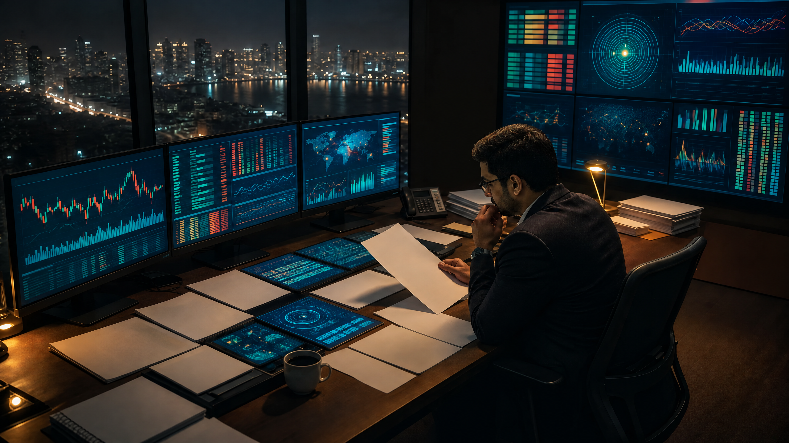 Indian market-surveillance analyst reviewing abstract unlabeled market displays and blank verification records at a stock-market operations desk.