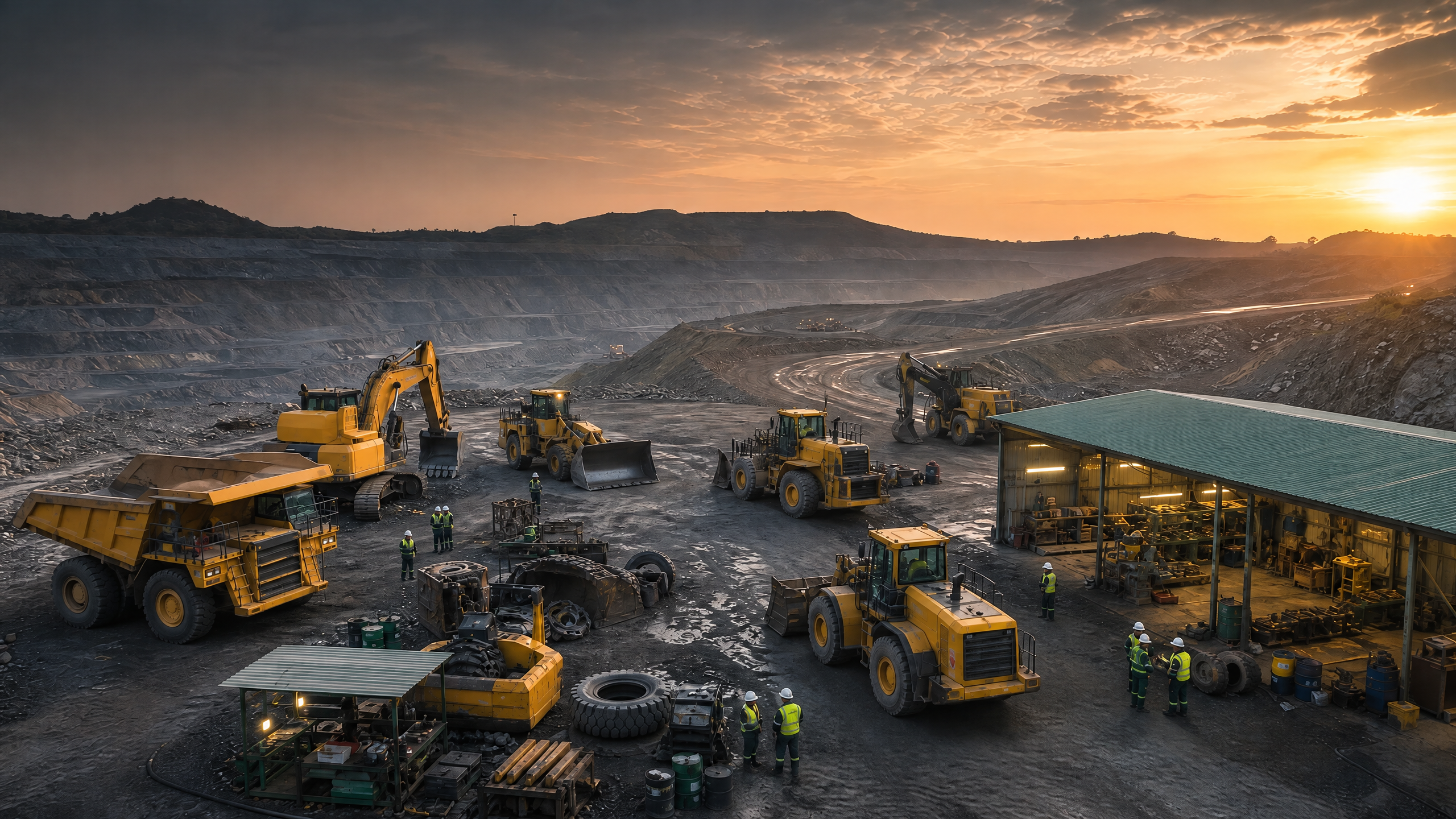 Unbranded heavy earth-moving equipment and maintenance crews preparing at a Ghana mining-services staging yard.