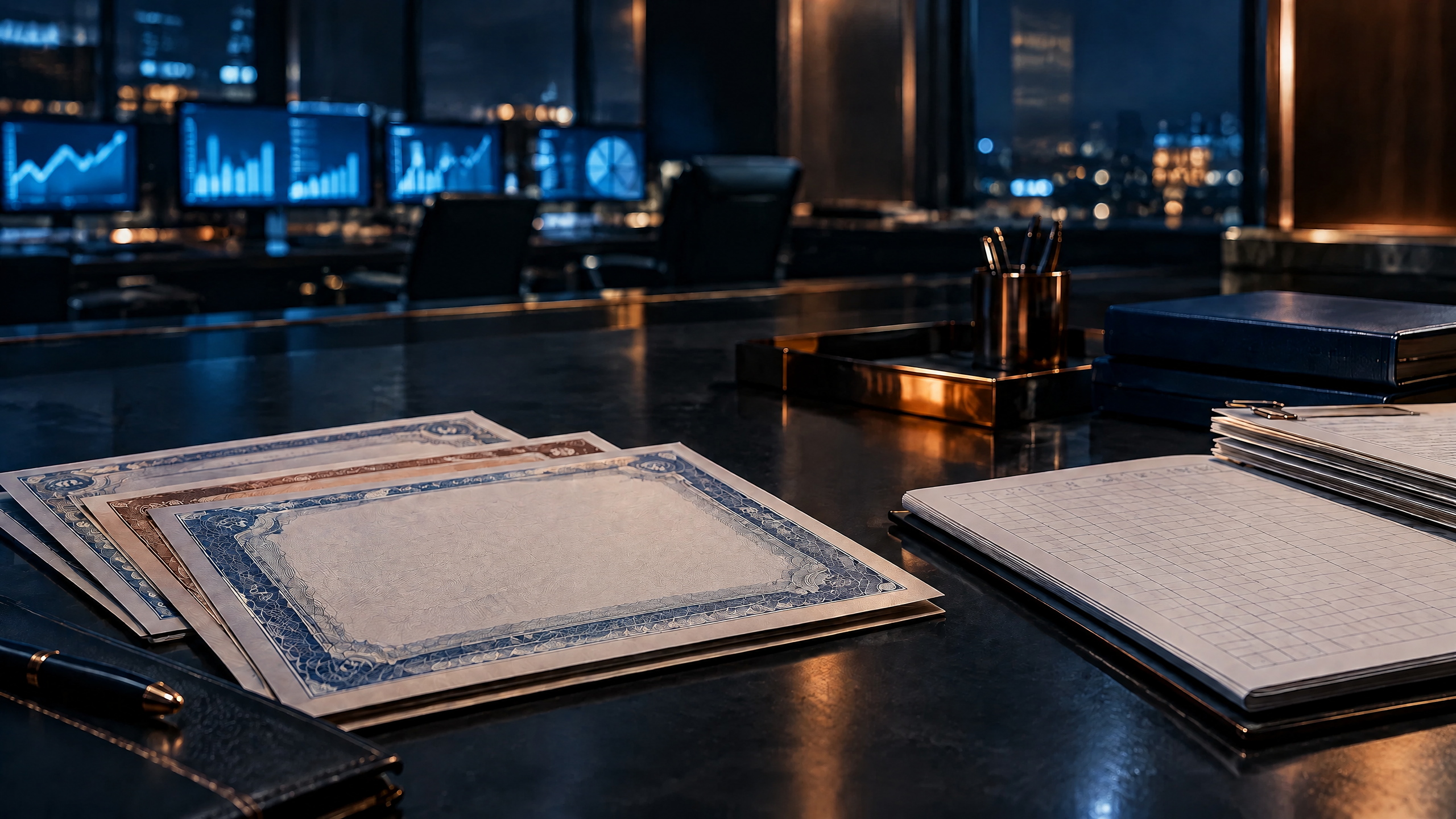 Blank government-securities certificate forms and an unlabeled liquidity ledger on an institutional dealing-room desk at night.