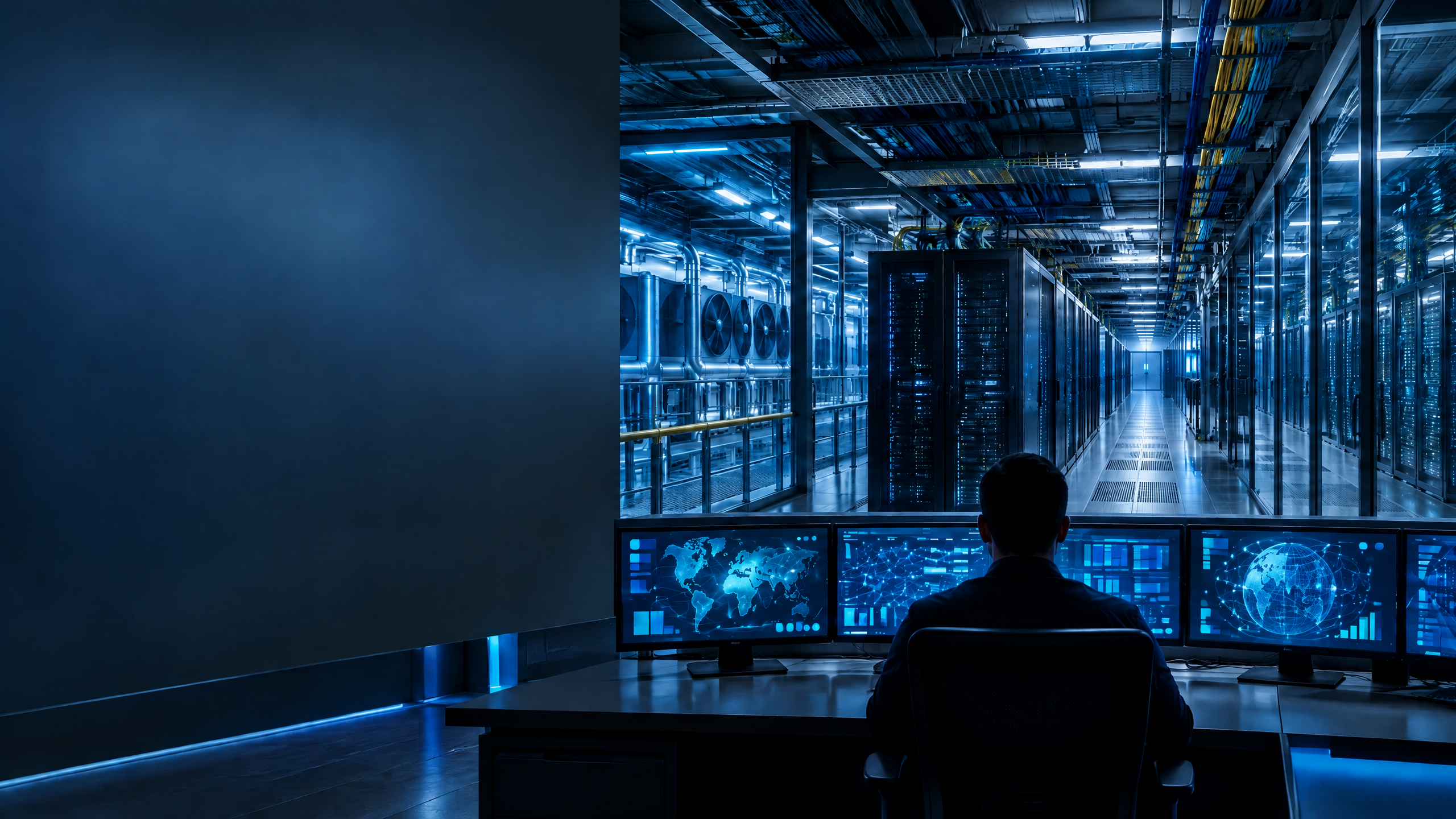Market-infrastructure data-centre operations room with abstract unlabeled security displays representing shared systems and cyber resilience.