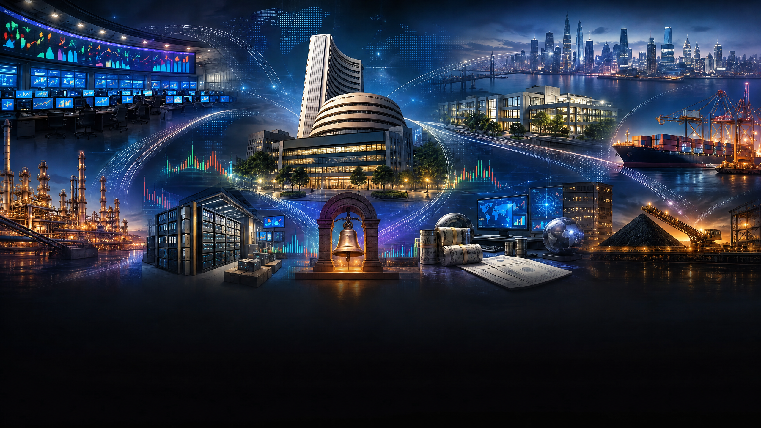 Panoramic Indian stock-market ecosystem with exchange infrastructure, listed companies, rates, commodities, and global market linkages shown without embedded writing.